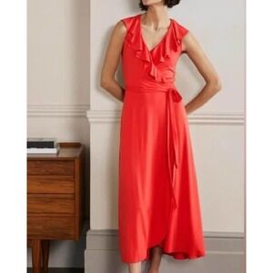 Boden Saskia Wrap Ruffle Dress Midi Jersey Red US 6 Preppy Wedding Feminine Chic